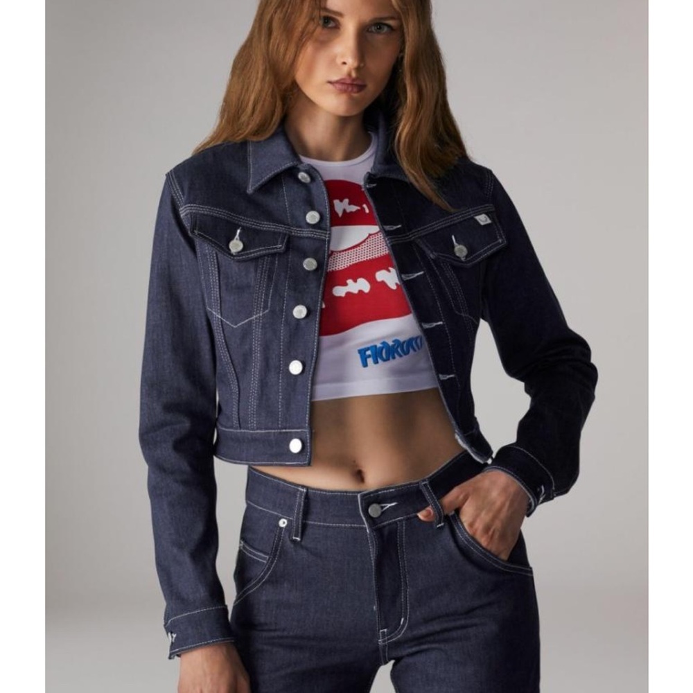 NWT Fiorucci Cropped Trucker Jacket in Indigo Denim